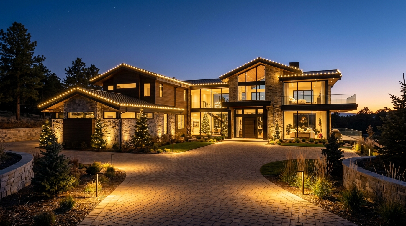 Modern architectural home with warm white roofline C9 lights